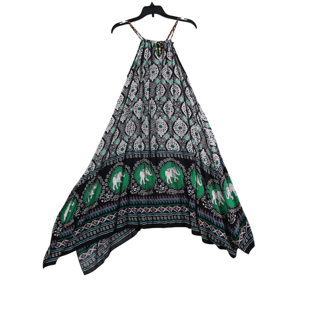 Boho Elephant Print Halter Handkerchief Hem Top Black Green White Tassel